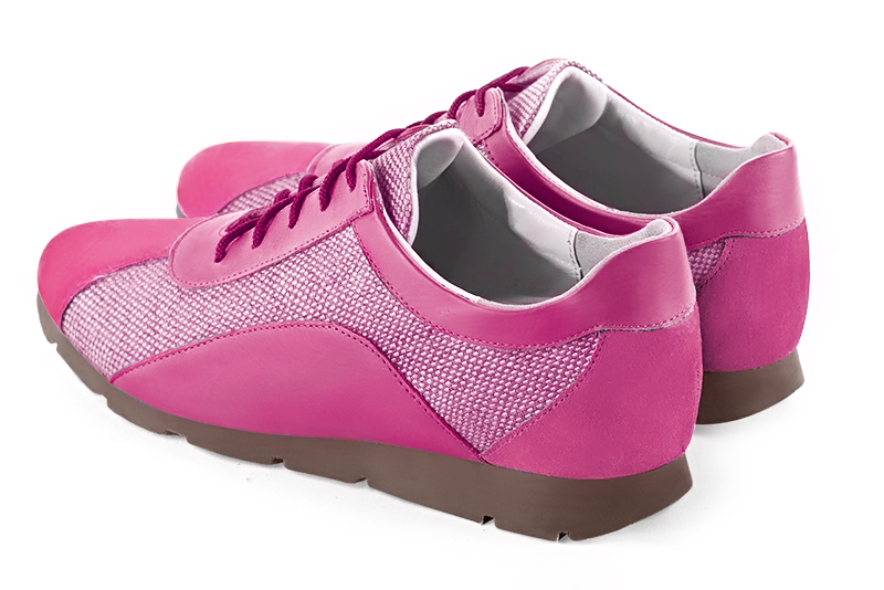 Fuschia pink women's one-tone elegant sneakers. Round toe. Flat rubber soles. Rear view - Florence KOOIJMAN